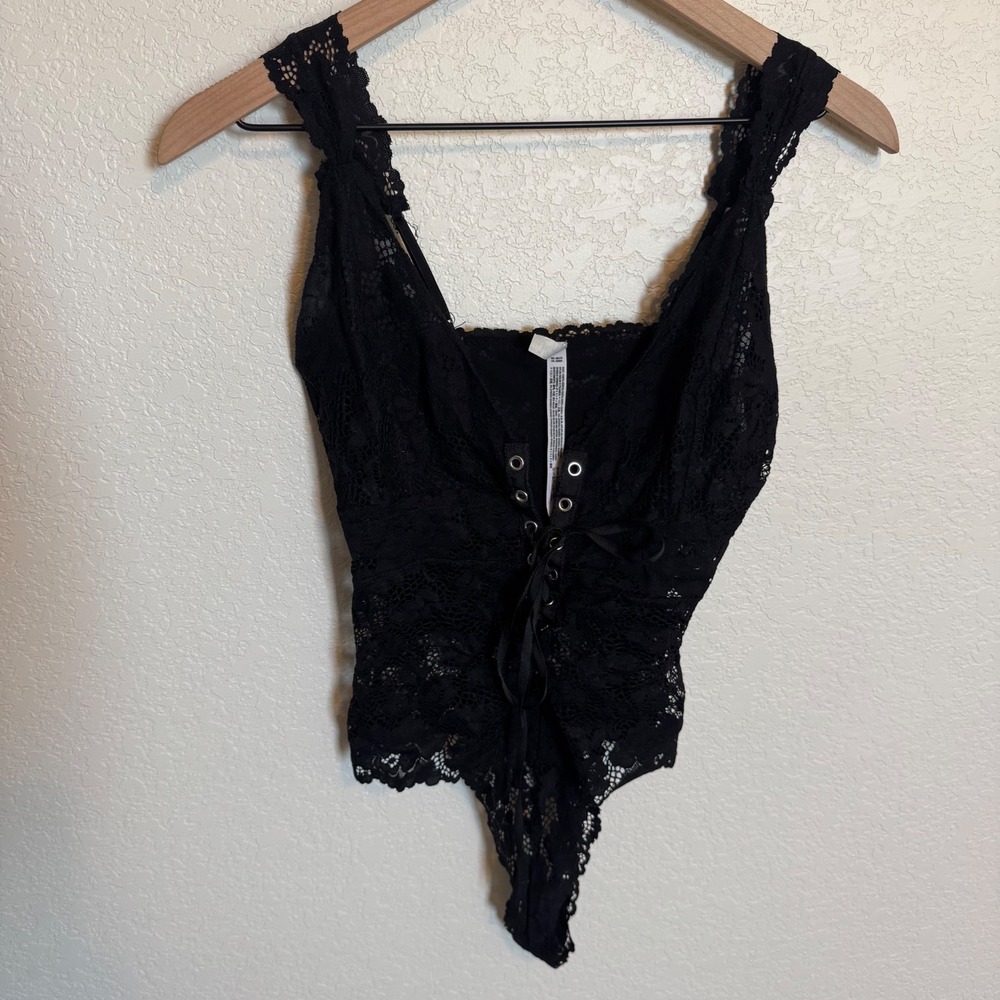 Coquette Goth Lace Up Intimately Free People Bodysuit Small Black